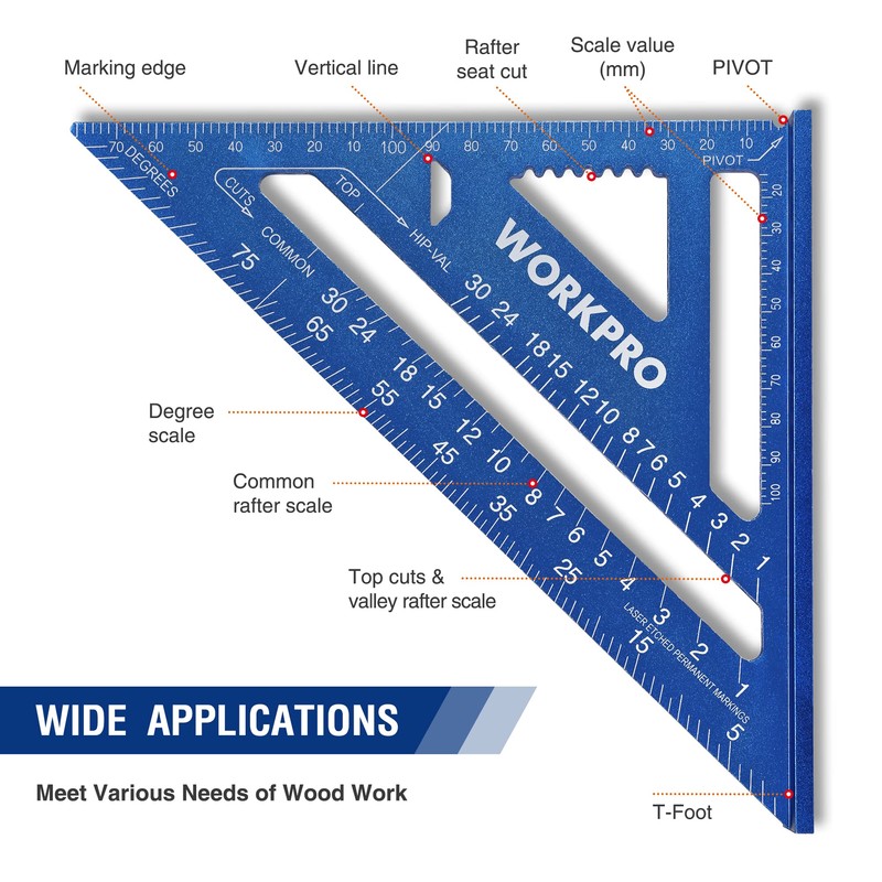 WORKPRO 7'' Aluminum Speed Square, Set Square 180mm, Carpenters Square,