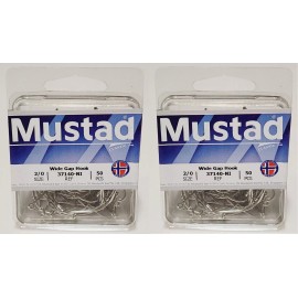 Mustad 2 Boxes Mustad Hooks 37140-NI-2/0 Wide Gap Kahle Fluke Shiner SILVER Bait Hook