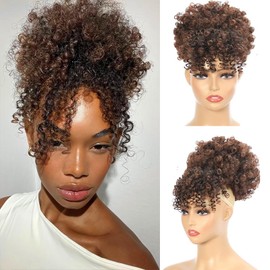 GOTEFERBE Drawstring Ponytail for Black Women, Afro Puff Kinky Curly Hair Ponytail Extension with Bangs Black Updo Hairpiece Natural Hair Ponytail