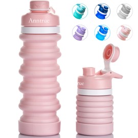 Anntrue Botella de agua plegable de silicona de grado alimenticio, botella de agua portátil a prueba de fugas, 18 onzas (rosa)