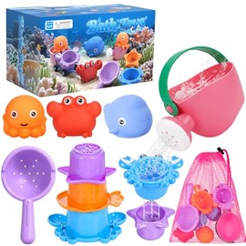 9 PCS Baby Bath Toys for Kids Ages 1-3, Mold Free Toddler Bath Toys for 2-4 with 3 No Hole Squeezing Marine Animals Toys, Bathtub Beach Sand Water Table Toys for 1 2 3 Years Old Girls Boys Gifts