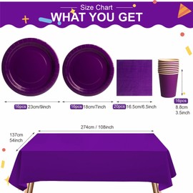 69pcs Purple Disposable Tableware Set - 20 Napkins, 16 Cups, 16pcs 7inch and 9inch Plates, 1pcs Purple Tablecloths | Biodegradable Dinnerware for Birthdays, Weddings, Kids Adult Christmas Party