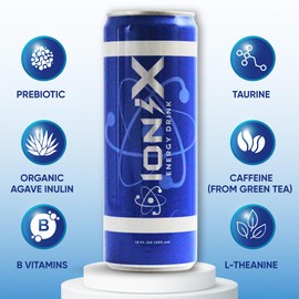 ioniX Energy Drink, 12 FL OZ Cans, Pack of 12, 150mg Natural Caffeine- Lightly Carbonated, L-Theanine for Energy & Focus, Brain boost, Energy Boost, B & C Vitamin packed, Prebiotic, Pure Cane Sugar