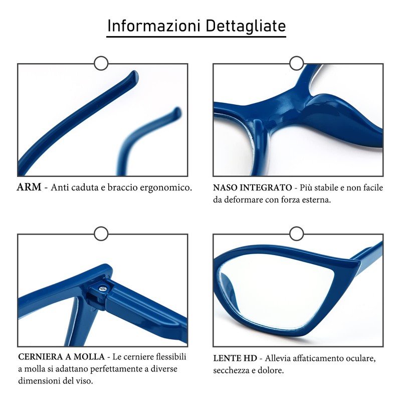 Kodilin Lesebrille für Damen, Anti-Licht, blaues Katzenauge, PC-Brille mit Federscharnier,