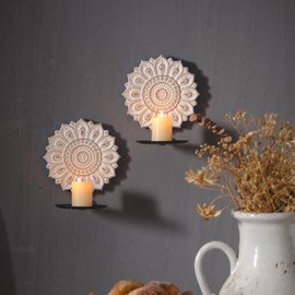 SOFE Boho Wall Candle Sconces Set of Two, Carved Flower Candle Wall Sconces Wooden, Rustic Wall Candle Holders for Pillar Candles, Bathroom, Entryway, Hallway Art Wall Decor