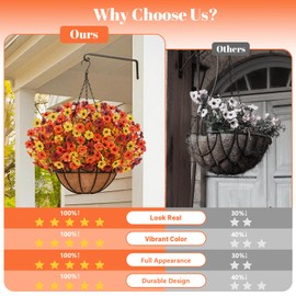 Artificial Fall Hanging Baskets for Outdoors, Fake Hanging Plants Realistic UV Resistant Fall Flowers for Fall Decor Porch Patio Garden Decor (Orange Brown Yellow)