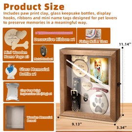 CALPALMY Pet Memorial Box - 11" x 9" Wooden Keepsake Shadow Box Kit with Paw Print Clay, Memorial Bottle & Photo Frame – Pet Loss Sympathy Gift for Dogs & Cats