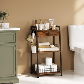 Gewudraw 4-Tier Bathroom Ladder Shelf with Drawer, Bathroom Floor Storage Shelf, Freestanding Tower Shelf Ladder Bookshelf for Living Room, Bathroom, Bedroom -Rustic Brown