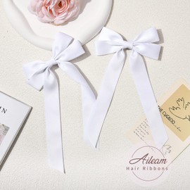 2PCS White Satin Hair Ribbon Clips: Ponytail Holders, Alligator Clips for Girls, Toddlers, Teens, and Kids