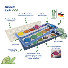Pelikan Paint Box K24 Eco 701303 Paint Box with 24 Colours Including Opaque White Recycled Plastic Blue
