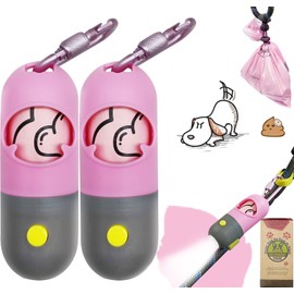 Dog Poop Waste Bags Holder with LED Flashlight|Cute Doggie Poo Bags Dispenser for Pet Leash|Trash Waste Bags Carrier with Potty Bags Clip Fastener LR44 Button Cells Included(2 Pack) (Pink)