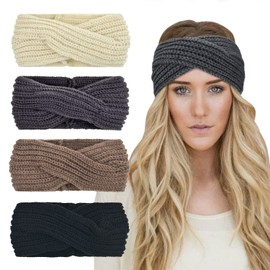 DRESHOW Winter Knit Crochet Turban Headband for Women Warm Bulky Crocheted Headwrap Ear Warmer Winter Accessories 4 Pack