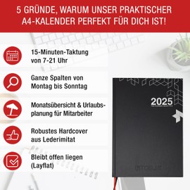 TOBJA Book Calendar 2025 A4 - Hard Cover, Layflat, 15 Minute Time, Weekly Planner, Practice Planner 2025, Robust, Ideal for Reservation Book 2025 Catering, Hotel, Practices and Hairdressers