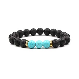 MiniJewelry Black Lava Stone Turquoise Mens Elastic Stretch Bracelet 10.5mm Beaded Blessing Gold Spacer Dad Boyfriend Husband Birthday