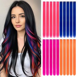 HH FASHION 20 Packs Colored Hair Extensions 20Inch Straight Multi-Colors Party Highlights Clip In Hair Extension Synthetic Rainbow Hairpieces for Girls Kids Gift(Rose Red, Blue, Pink, Orange)