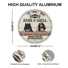 Spanish Bulldog & Swiss Hound Beer Metal Tin Signs Customized Family Dog Name Round Wall Tin Sign Vintage Barks & Grill Poster Iron Sign Decorative for Home Beach House Bathroom 12x12in