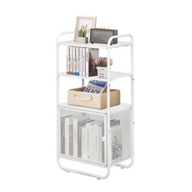 LOFTEY White Bookshelf, 4 Tier Metal Bookshelf, Narrow Bookcase with Door, Small Book Shelf Organizer for Office, Living Room, Bedroom, Kitchen