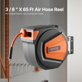 VEVOR Retractable Air Hose Reel, 3/8IN x 65FT Hybrid Air Hose Max 300PSI, Air Compressor Hose Reel Auto-Rewind with 6.6 FT Lead in, Ceiling/Wall Mount Enclosed PP Reel & Built-in 180° Swivel Bracket