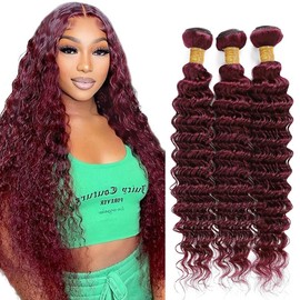 Niciitysi Burgundy Deep Wave Human Hair 3 Bundles 20 22 24 inch Double Weft Brazilian Hair Extensions Soft and Silky Wine Red Deep Curly Bundles 99J Color for Women