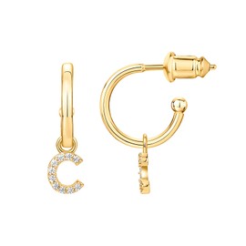 PAVOI 14K Yellow Gold Plated 925 Sterling Silver Post Huggie Earring With Initial Dangle |CZ Initial Huggie Hoop Earrings | Womens Cubic Zirconia "C" Initial Huggies