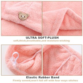 Microfiber Hair Towel by AKJMMZ, Super Absorbent Quick Hair Dry Turban with Button, Anti Frizz & Soft & Thick Bath Cap for Hair-(Pink)