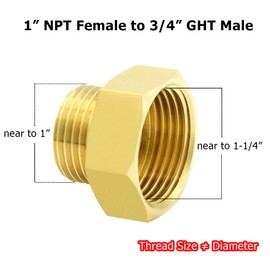 Hooshing Solid Brass Garden Hose Adapter 1" NPT Female to 3/4" GHT Male Connector, GHT to NPT Hose to Pipe Fitting