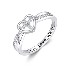 HUKKUN Purity Ring Sterling Silver Heart Cross Ring True Love Waits Christian Faith Religious Jewelry Gifts for Women
