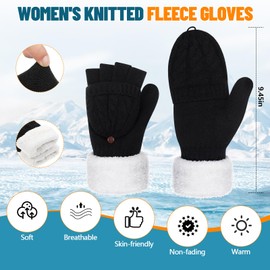 Coume Fingerless Gloves Mittens for Women Winter Thick Warm Thermal Touch Screen Convertible Flap Half Finger Mittens Adult(Black)