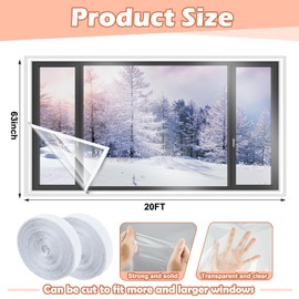 Beeveer 63 Inch X 20 ft Window Insulation Kit Cuttable Transparent Film with Adhesive Straps Reusable Window Plastic for Winterizing Thicken Thermal Waterproof Attic Insulation Cover Warm Winter