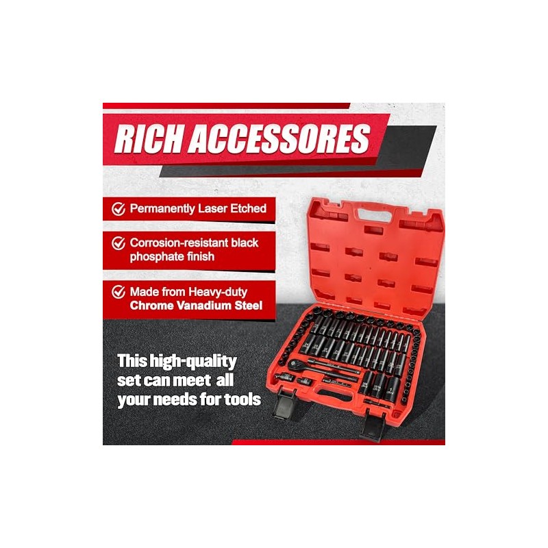 EACELIY 64pcs 3/8" Socket Set,Drive Impact Socket Set, SAE/Metric, Deep