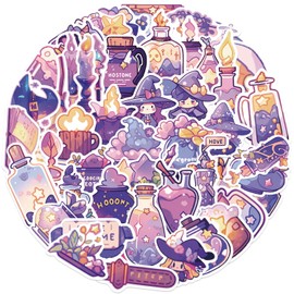 Purple Magic Stickers, 50PCS Cute Cartoon Witch Stickers for Diary Phone Skateboard Guitar, Waterproof Vinyl Magic Potions Decals for Boys Girls
