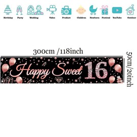 16th Birthday Decorations for Girls, Sweet 16 Birthday Banner Black and Rose Gold, Fabric Sign 16th Birthday Poster for Girls Birthday Party Welcome Sign Garden Decoration