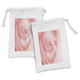 Lunarable Dusty Rose Fabric Pouch Set of 2, Pink Rose Romantic Display Blurred Blossom Close up Macro Photo, Small Drawstring Bag for Toiletries Masks and Favors, 9" x 6", Pale Pink White