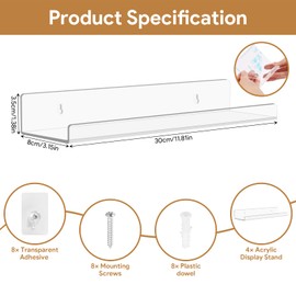 EclipseGuard 4er-Pack Klare Acryl-Regale, Acryl Wandregal Transparent, 30cm Regal Ohne Bohren aus Badezimmer Regal, für Wand-Foto-Dekor, Bild Leiste, Kinder Bücherregal, Magazin Rack，Weiß