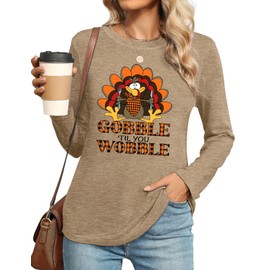 Ithalt Thanksgiving Shirts for Women Gobble Till You Wobble T Shirts Thanksgiving Turkey Tshirts Gobble Fall Long Sleeve Tops(LightBrown2, Medium)