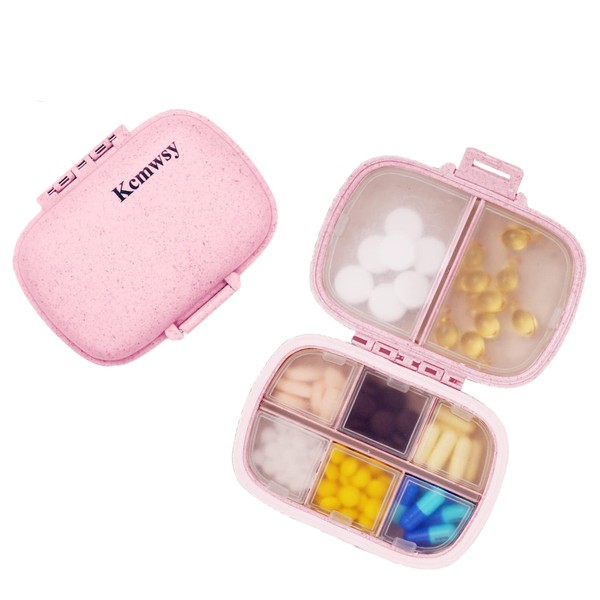 Kcmwsy Travel Pill Organizer Small Pill Box Portable Daily 8 Compartment Pill Case for Purse Pocket Medicine Vitamin Holder Container（Wheat Pink）