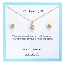 Golf Goddess Golf Ball Charm Necklace and Earrings Gift Set - Gold with Gold Earrings