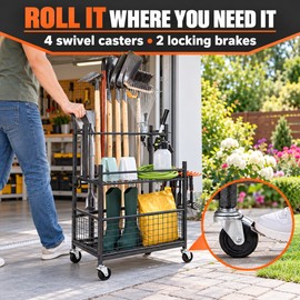 16-Slot Rolling Garden Tool Organizer Rack with 3 Shelves and 18 Hooks
