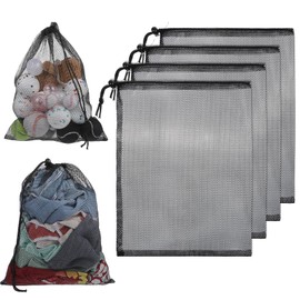 Yuomeaz 4 Pcs Drawstring Mesh Bags, 11.8 × 15.8 in Large Mesh Bags, Black Portable Nylon Storage Bag for Travel Stuff