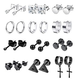 Men's Earrings, Hoop Earrings, Ring, Studs, Crosses, Stainless Steel, 12 Pair Set, 24 Pieces, Unisex, Hypoallergenic, Zirconia, Cross, Black, Silver, Popular