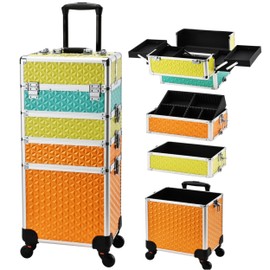 Yueieoun Rolling Makeup Case, 4 in 1 Makeup Case on Wheels, Professional Makeup Trolley, Cosmetic Train Case Makeup Cart Travel Trolley with Key for MUA, Hairstylists, Nail Tech, Palette