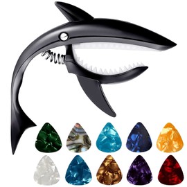TMXAOK Guitar Capo Shark Shaped Guitar Tuner Zinc Alloy Metal with 10 Guitar Picks, Adjust Tune Clamp Shark Capo for Electric Guitar Ukulele and other 4 or 6 Strings Instruments, Black