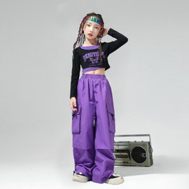 LOLANTA Girls Clothing Sets Dance Letter Graphic Print Crop Top Jogger Pants Set (Purple, 6-7)