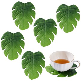 AHANDMAKER 6 PCS Green Monstera Leaves Coasters Jungle Plant Coasters Imitation Plants Coasters for Drinks Coffee Place Mats for Housewarming Home Decor
