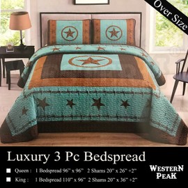 Western Peak 3 Piece Western Texas Star Barb Wire Style Quilt Bedspread with Pillow Shams (Turquoise, King)