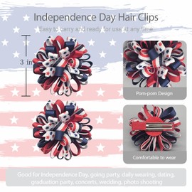 4th of July Hair Bow Clips Patriotic USA American Flag Independence Day Stars Stripes Pompom Hair Accessories Red White Blue