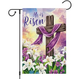 Heyfibro He is Risen Easter Cross Garden Flag 12x18 Double Sided Burlap, Lily Flower Easter Small Yard Flag Jesus Religious Easter Banner for Easter Holiday Farmhouse Yard Outdoor Decor(ONLY FLAG)