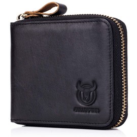BULLCAPTAIN Mens Genuine Leather Zipper Wallet RFID Blocking Bifold Secure Zip Around Wallets Multi Credit Card Holder Purse (black)
