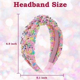 CTZENWAY Sequin Knotted Headband for Women, Sparkly Knotted Wide Hair Bands for Girls, Glitter Fashion Iridescent Headbands Hair Accessories Fancy Outfits for Party Birthday Prom (Rainbow, One Size)