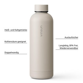 Vinsun Drinking Bottle Stainless Steel Beige 500 ml – Leak-Proof, Suitable for Carbonated Drinks, BPA Free – Double-Walled Insulated – Thermal Flask for Sports, Outdoors, School, Univers